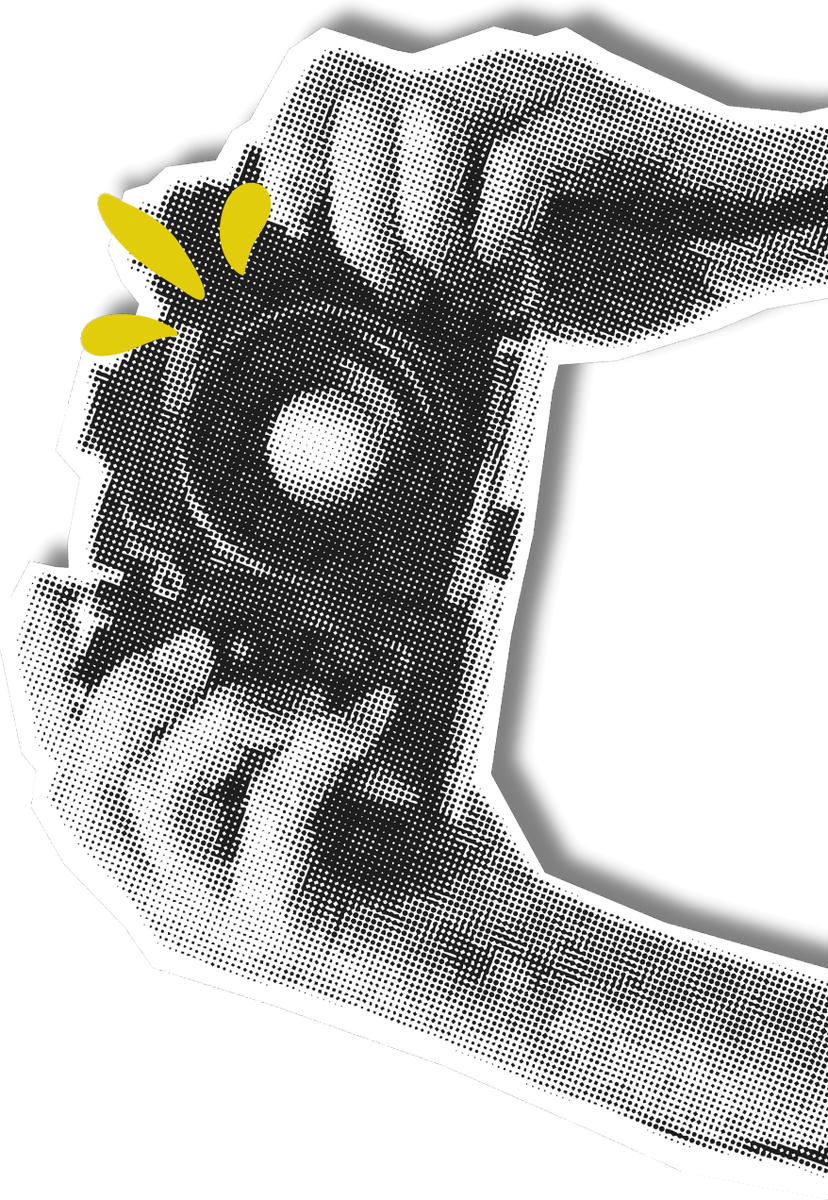 Wycinanka: dłonie trzymające aparat fotograficzny